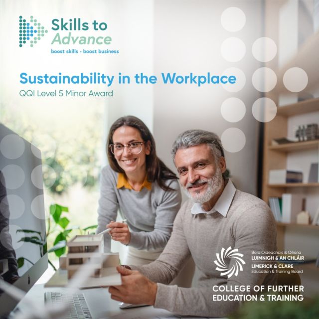 We are enrolling for our Environmental Sustainability in the Workplace online programme, starting at the end of September. 

If you are employed and would like to know how to embed environmentally sustainable practices into your workplace, go to collegeofFET.ie/skills to learn more and apply for this online evening programme. 

#FindTheBestInYou #collegeofFET #FurtherEducationandTraining #SkillstoAdvance #fullyfundedprogrammes #greenskills #environmentallyfriendly #sustainabilityintheworkplace #limerick #clare #onlinelearning